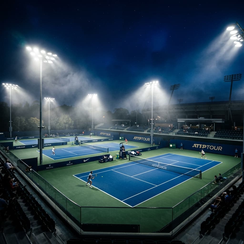 Professional tennis court at night